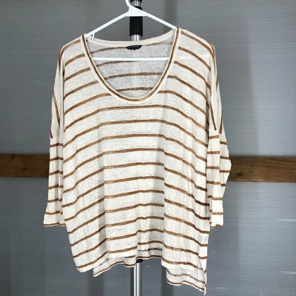 CLUB MONACO 100% Linen‎ Cream Brown Stripe 3/4 Sleeve Oversize Shirt Sz M/L - Picture 1 of 13